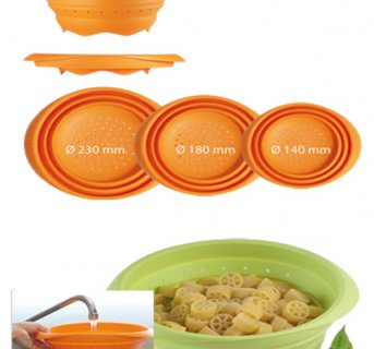<img src=Silicon collapsible pasta strainer Plie alt=Orange and green in many dimensions>