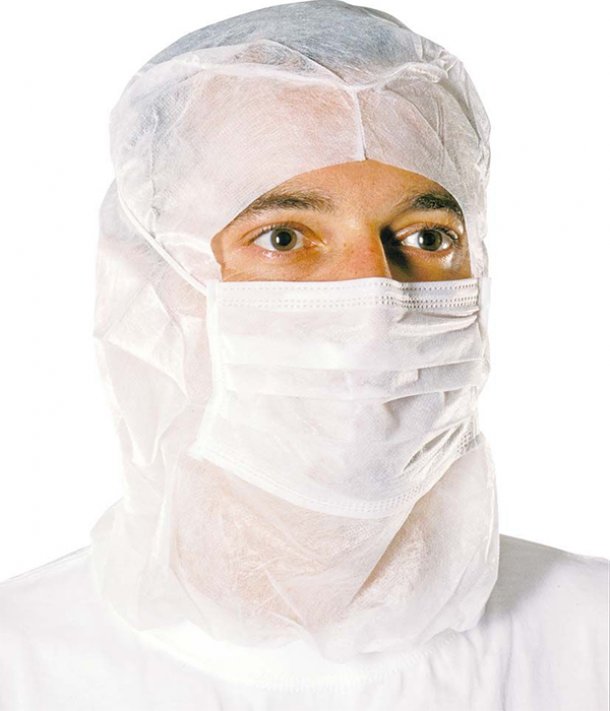 <img src=Κάλυμα Κεφαλής Με Μάσκα Μίας Χρήσης, λευκό 100 τεμ alt=Σε λευκό χρώμα φορεμένα σε έναν άνδρα>