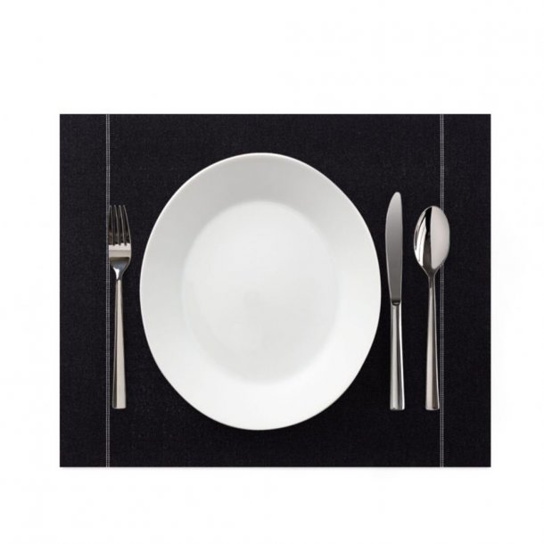 <img src=Σουπλά Αλέκιαστο 30x40cm - Σετ 12 τεμ alt=Ένα λευκό πιάτο με ασημί μαχαιροπήρουνα πάνω σε ένα μαύρο σουπλά> 