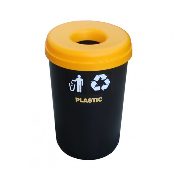Black recycling bin BASIC OPEN TOP 60lt, with yellow lid with opening.