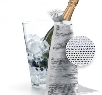 <img src=CLOTHES FOR ICE BUCKETS WHITE SEAFOOD alt=White with black dashed stripes towel in a champagne bottle> 