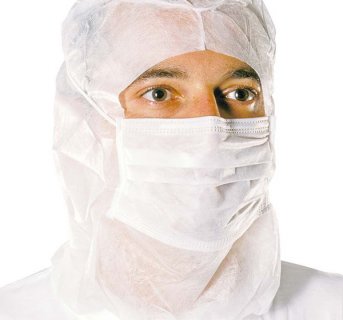 <img src=Disposable head cover with mask, white 100 pcs alt=In white worn on a man>