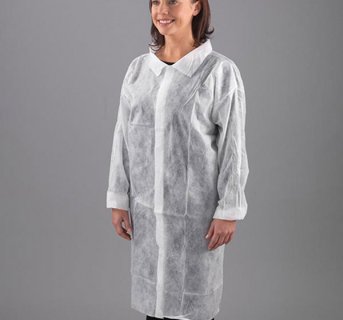 <img src=Disposable non woven visitor coat with elastic cuffs 10 pcs alt=White and long on a woman with brown hair>