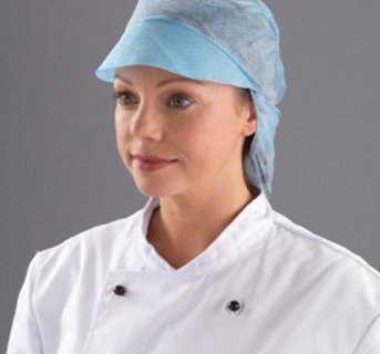<img src=Blue non-woven peak caps for women, disposable - 100 pcs alt=Blonde woman wearing blue hat>